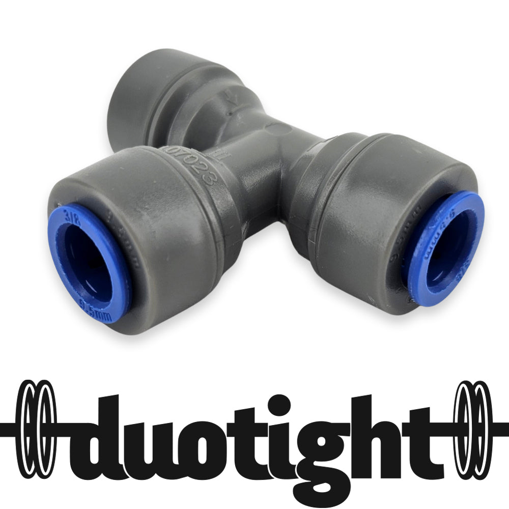 Gray and blue plumbing fitting with 'duotight' branding on a white background