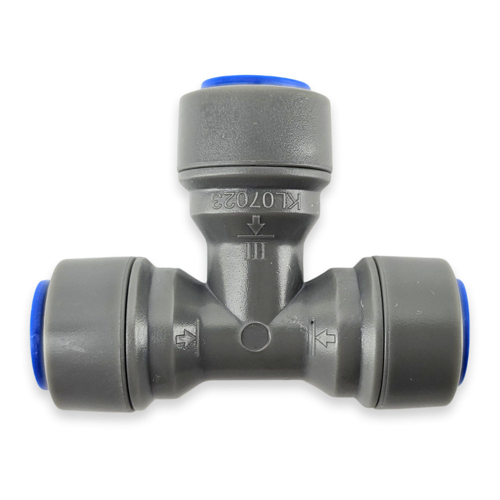 Gray plastic pipe fitting with blue accents on a white background