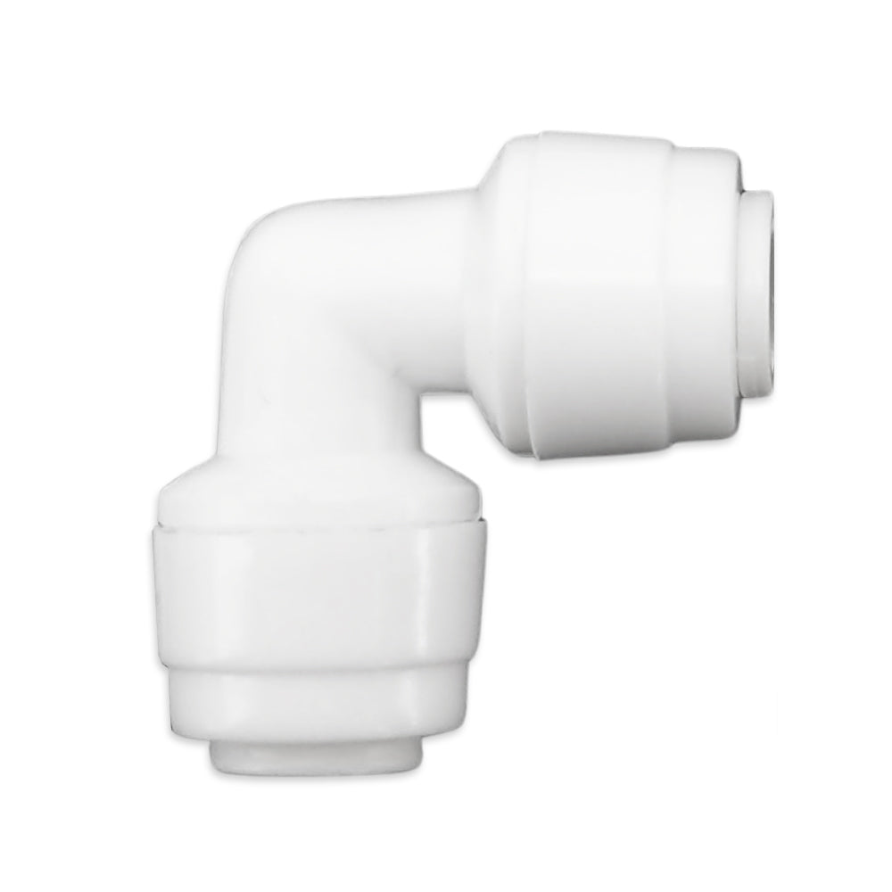 White plastic elbow fitting on a white background