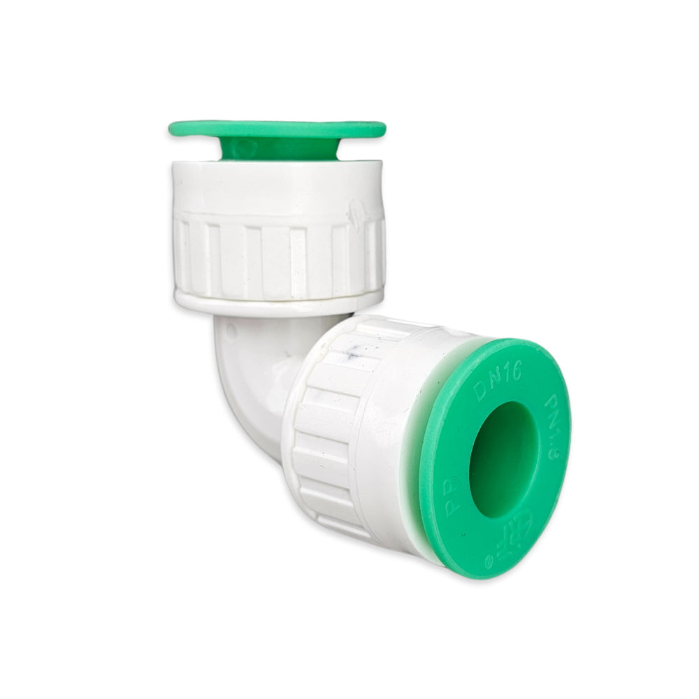 Suited to EVABarrier Lightbarrier Hydroponics hosing, this particular fitting is equipped with 90 degree bend to get around corners.