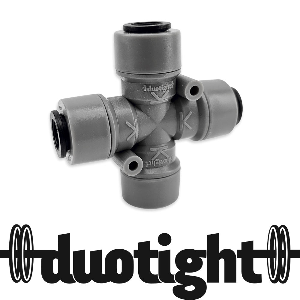 Gray plumbing fitting with 'duotight' branding on a white background