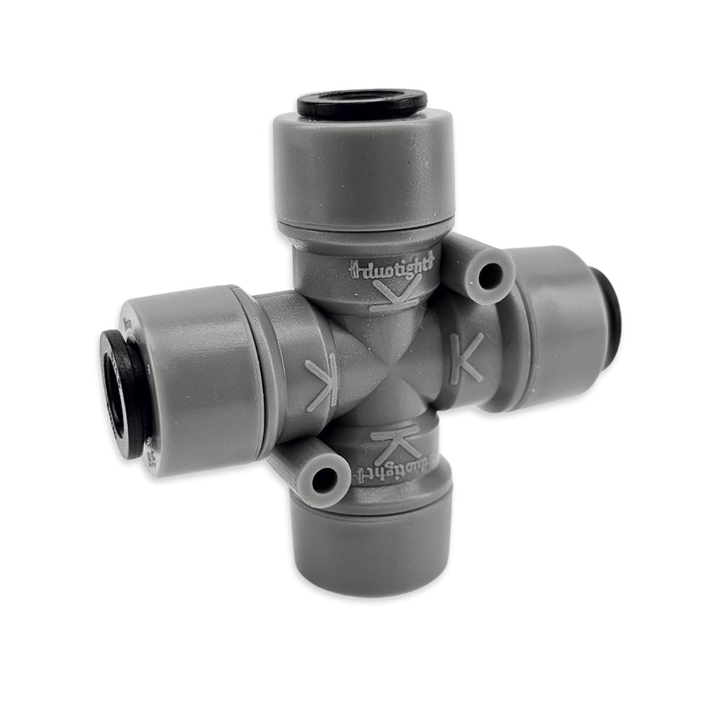 Gray plumbing fitting with 'duotight' branding on a white background