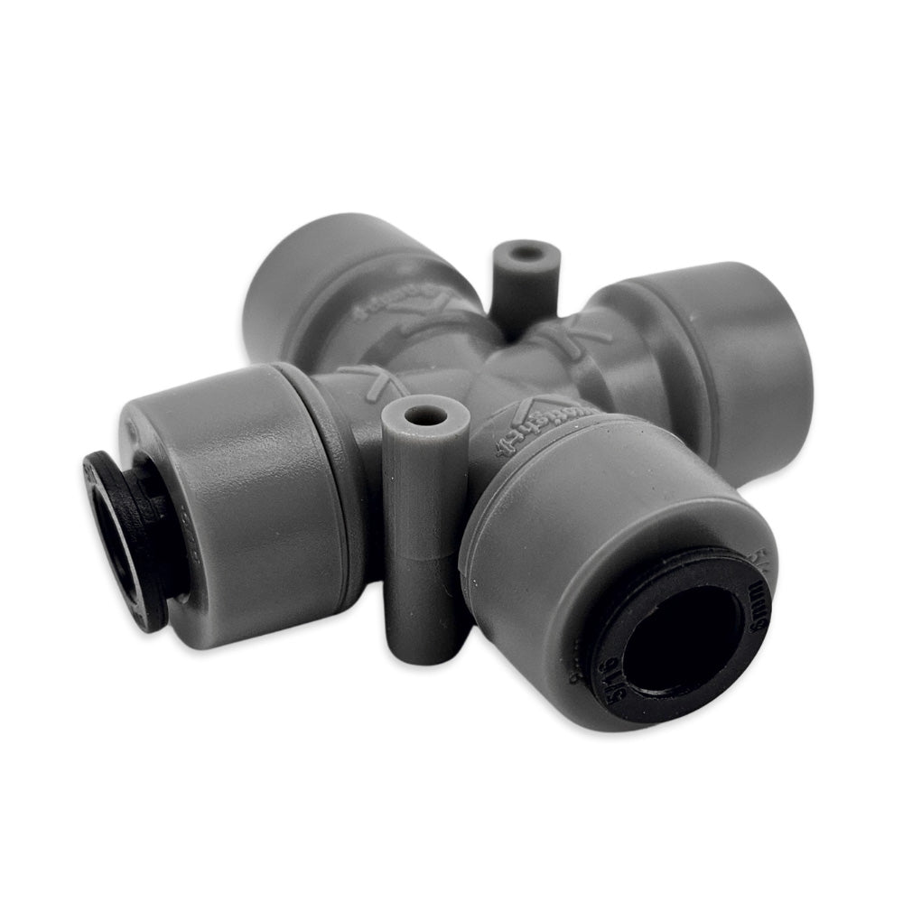 Gray plastic plumbing fitting on a white background