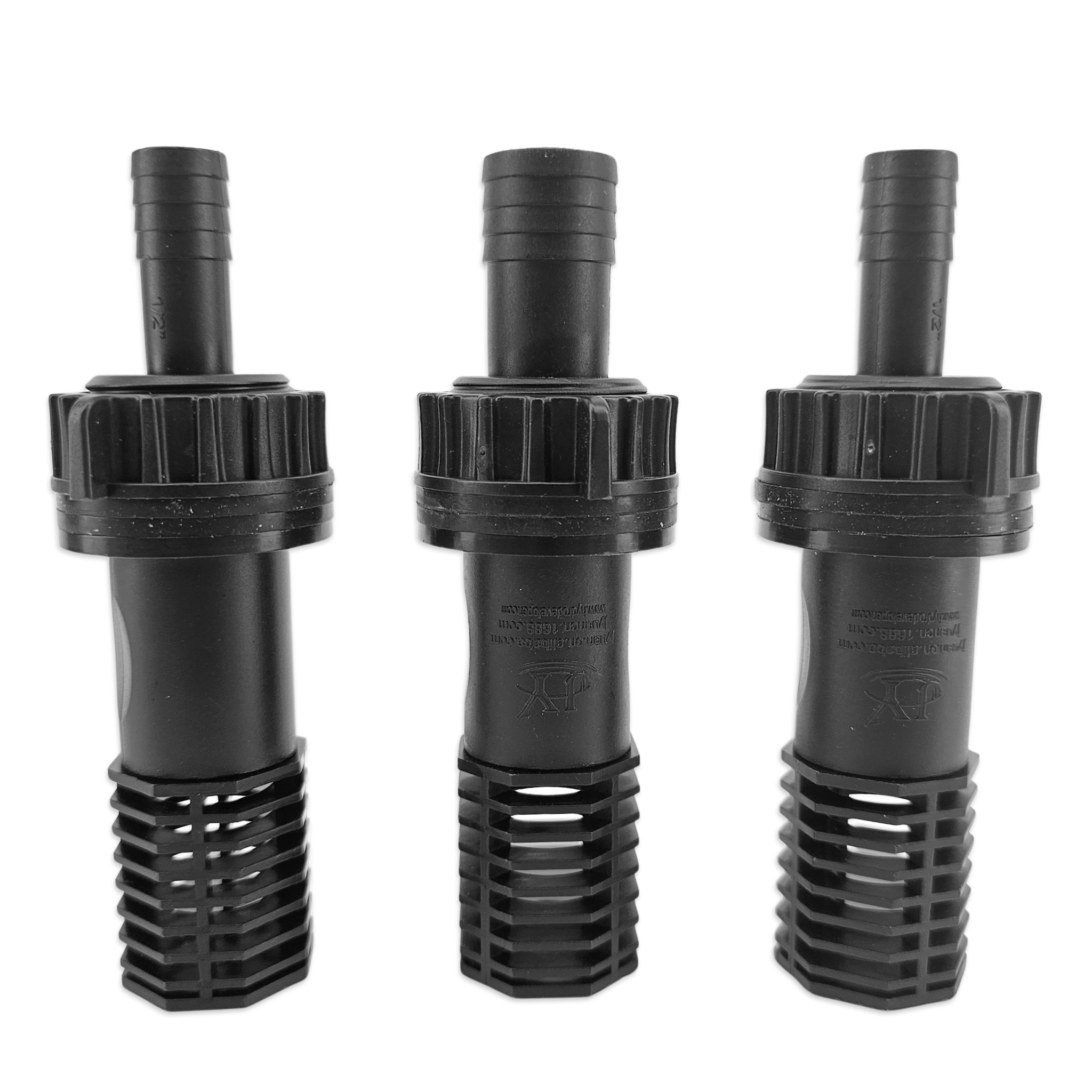 Three black plastic nozzles on a white background