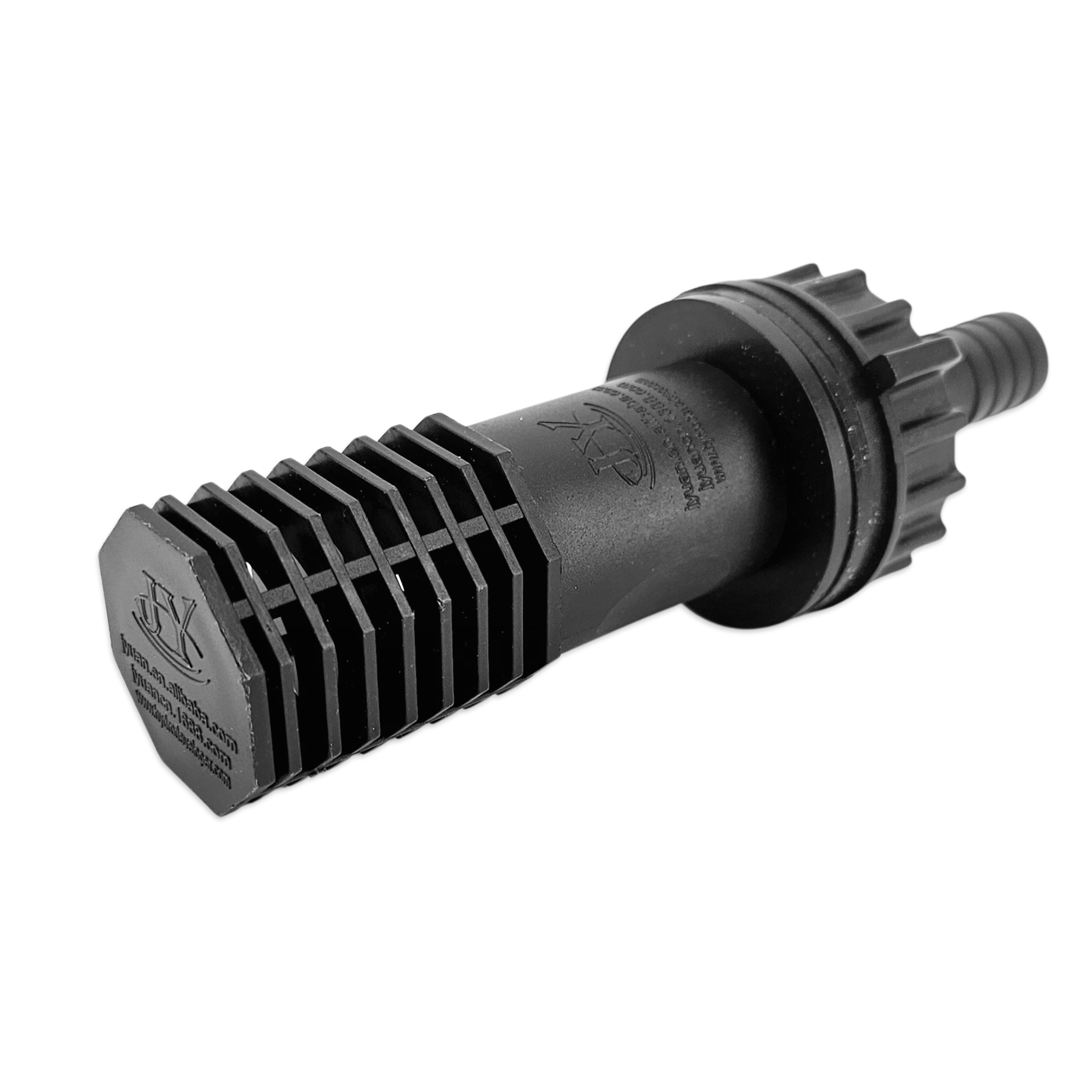 Black metal nozzle with textured surface on a white background