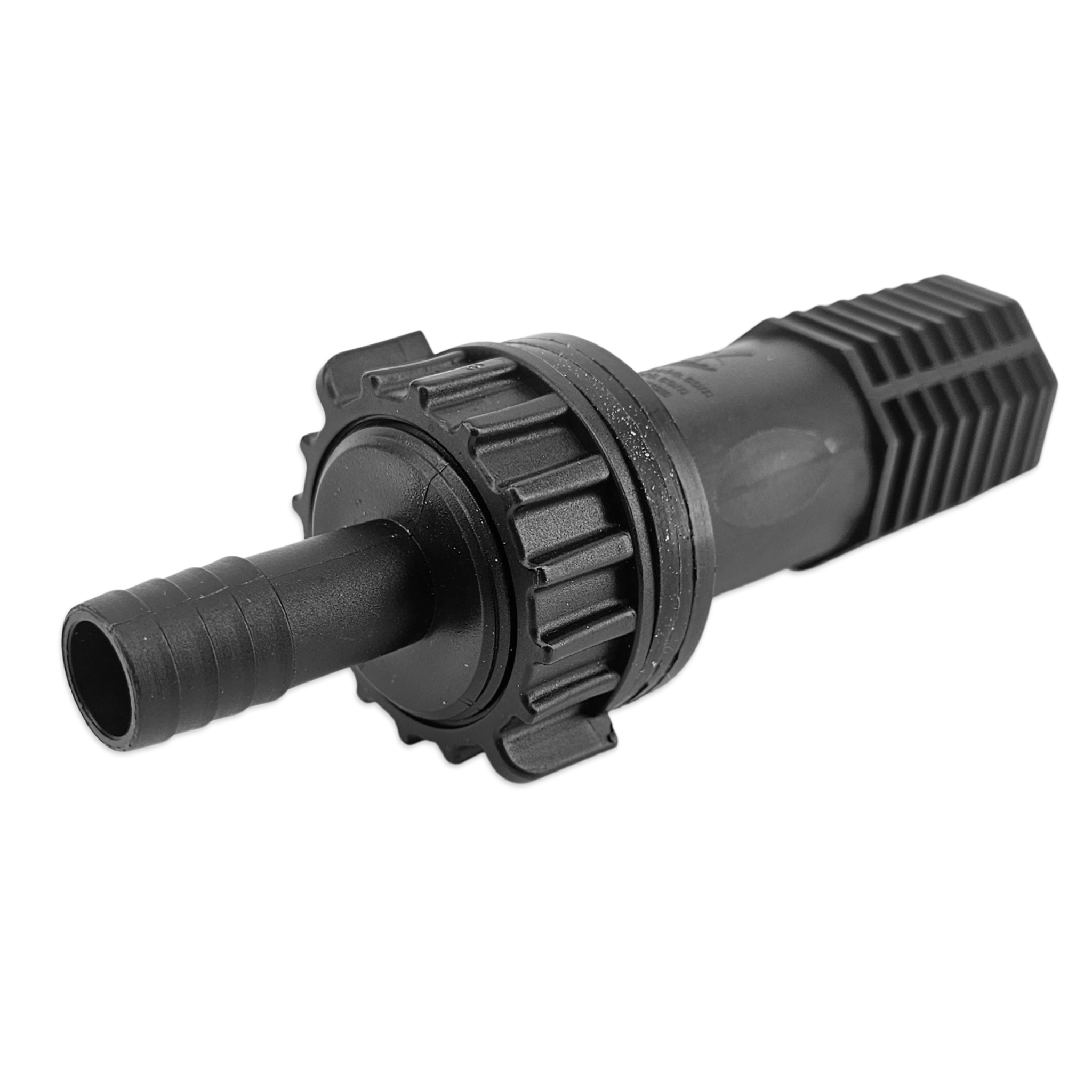 Black plastic fitting with threaded end on a white background