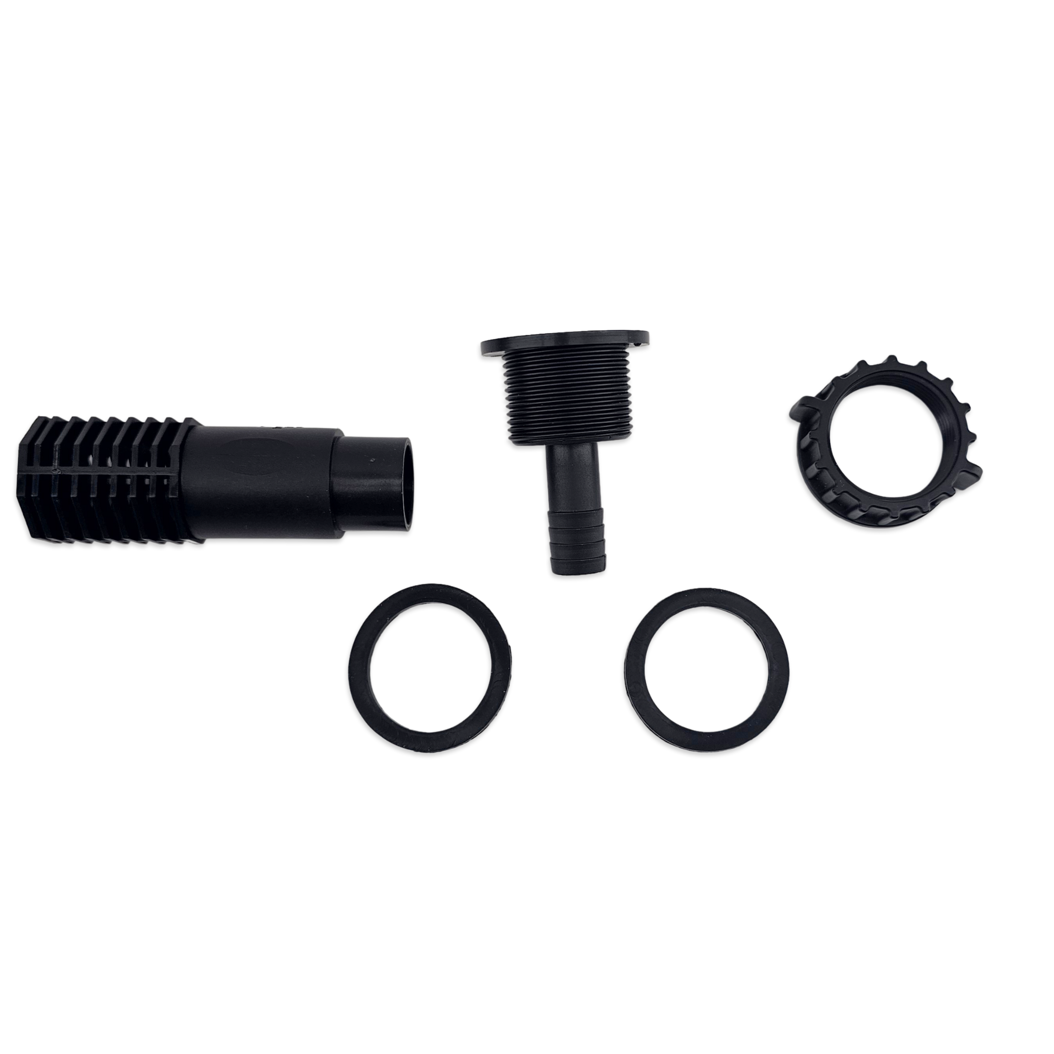 Set of black mechanical components on a white background