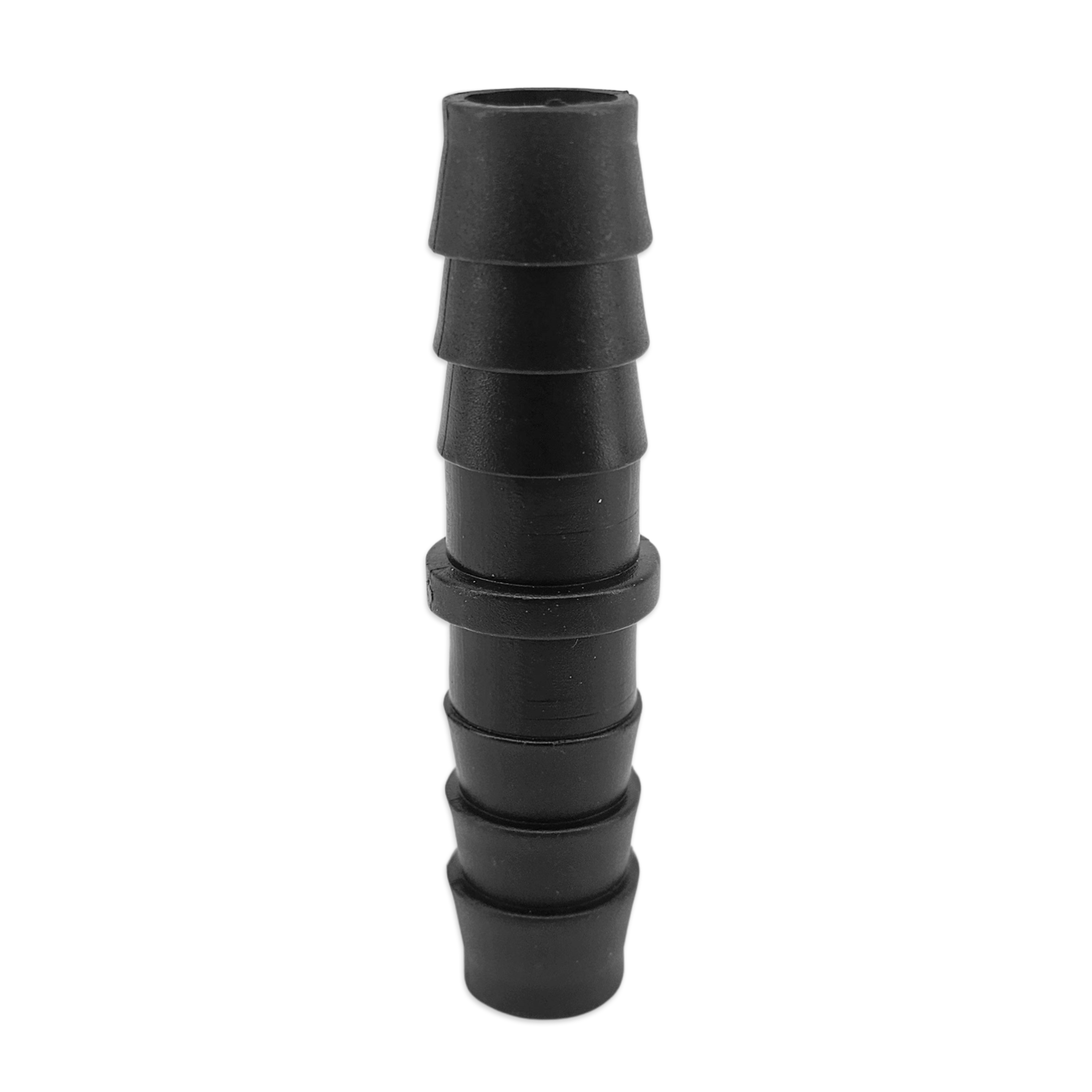Stack of black plastic connectors on a white background