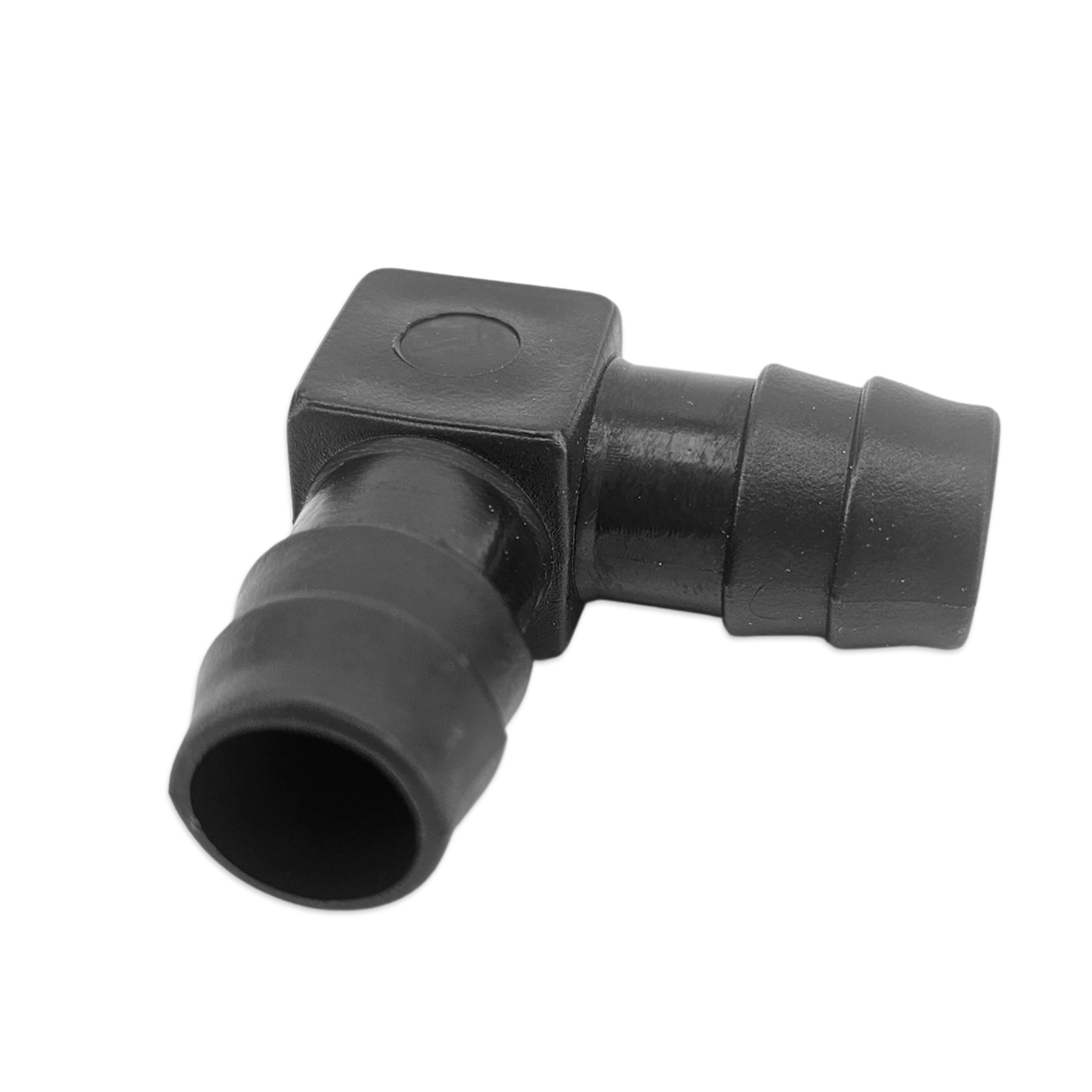 Black plastic plumbing fitting on a white background