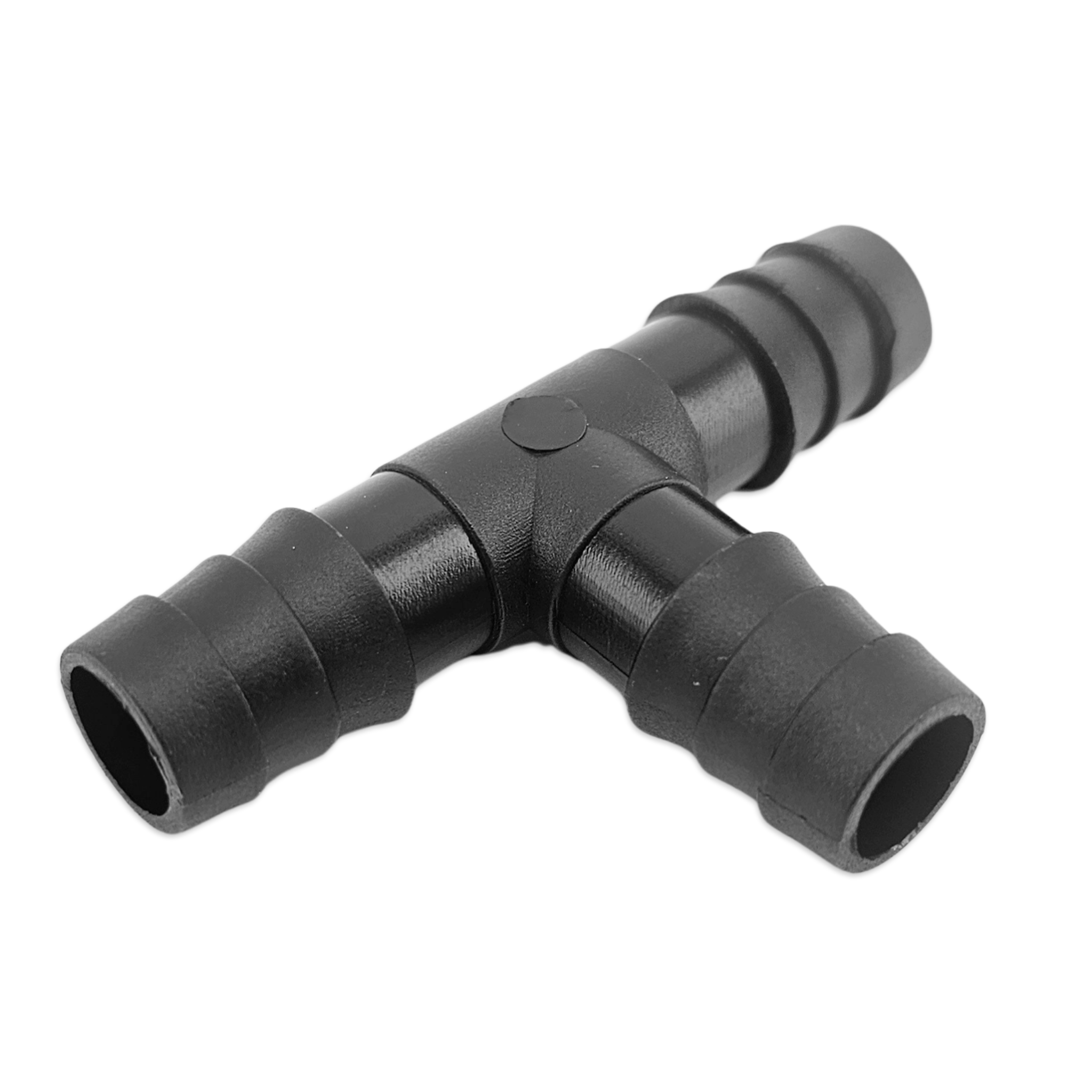 Black plastic T-shaped fitting on a white background