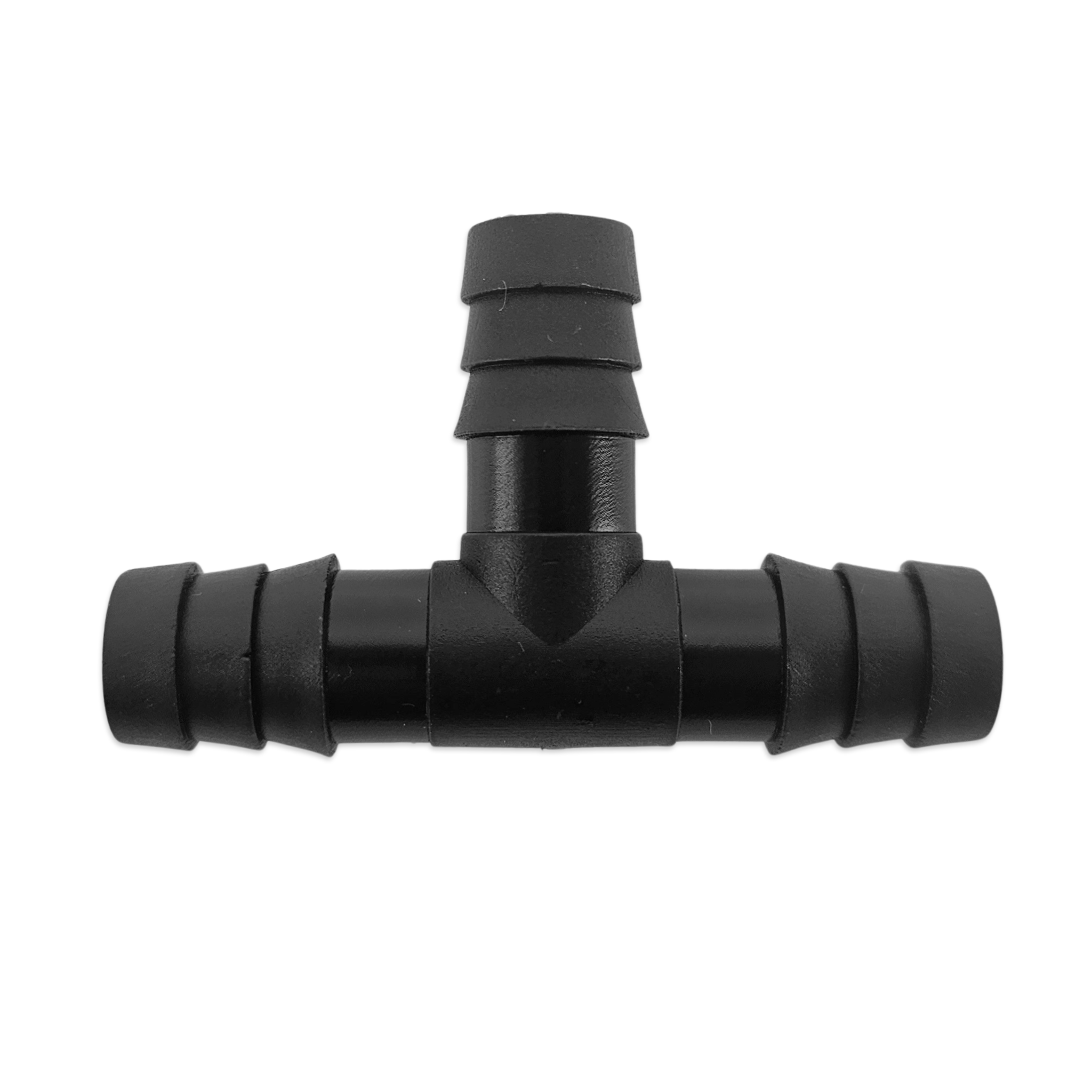 Black plastic tee fitting on a white background