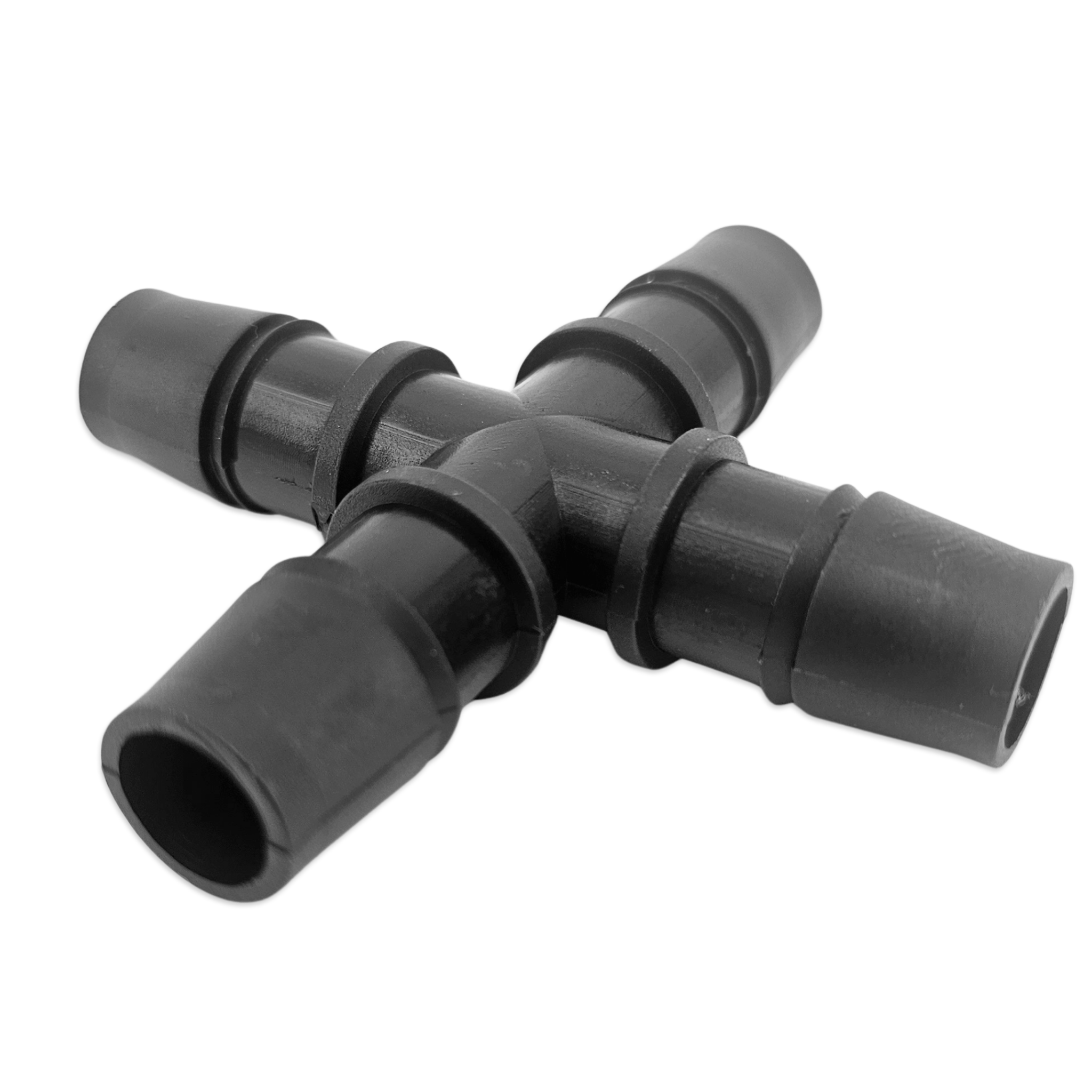 Black plastic plumbing fitting on a white background