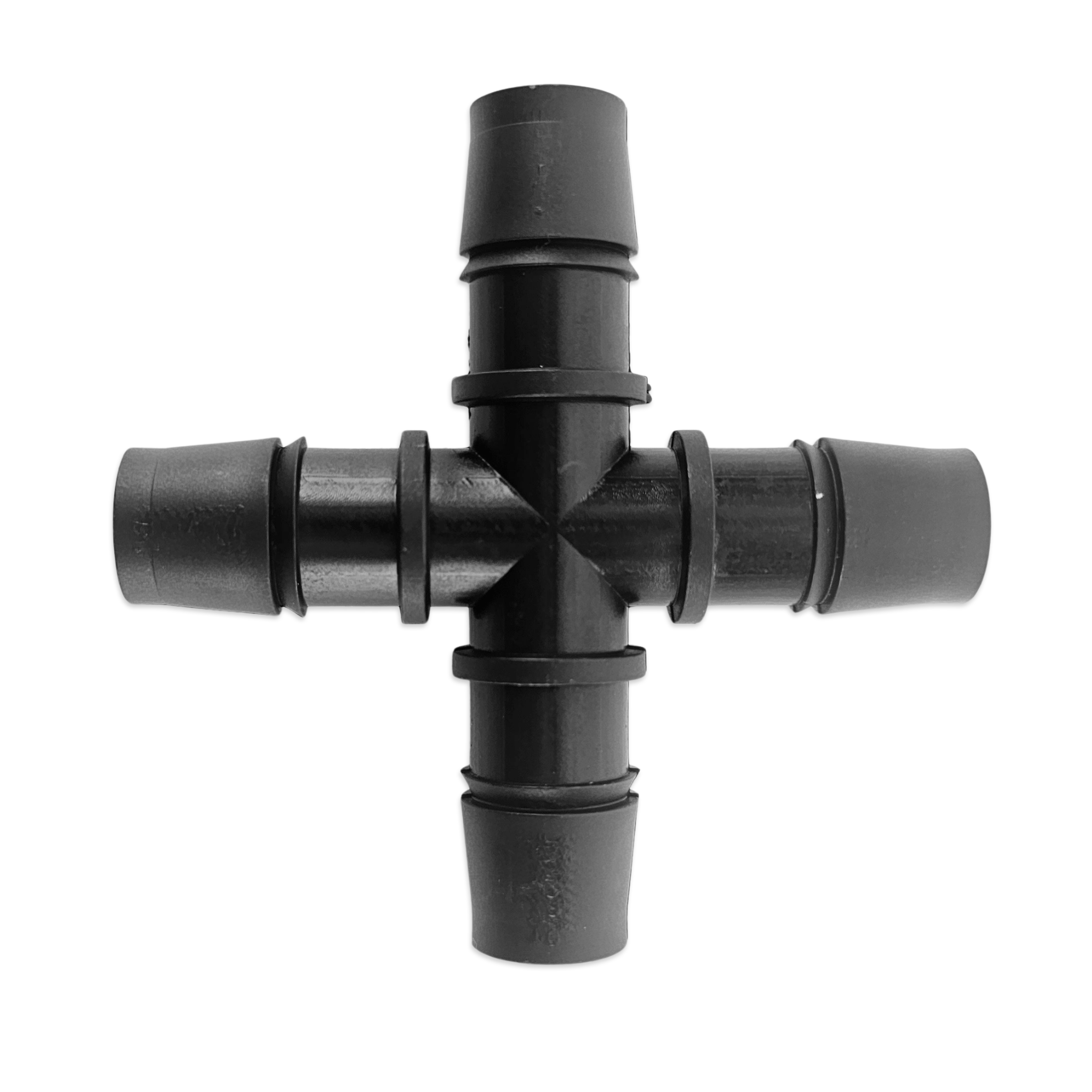 Black plastic cross-shaped fitting on a white background