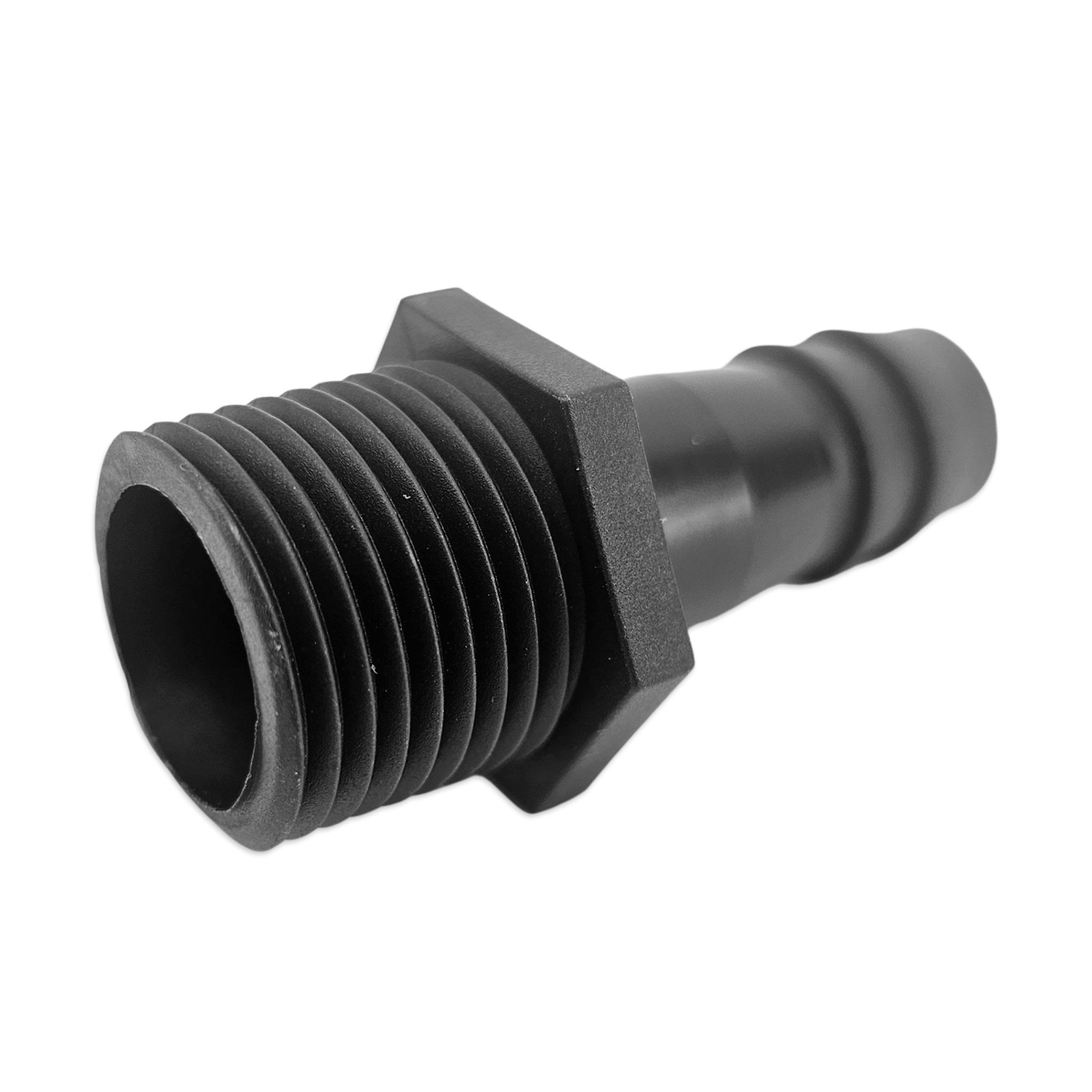 Black threaded fitting on a white background