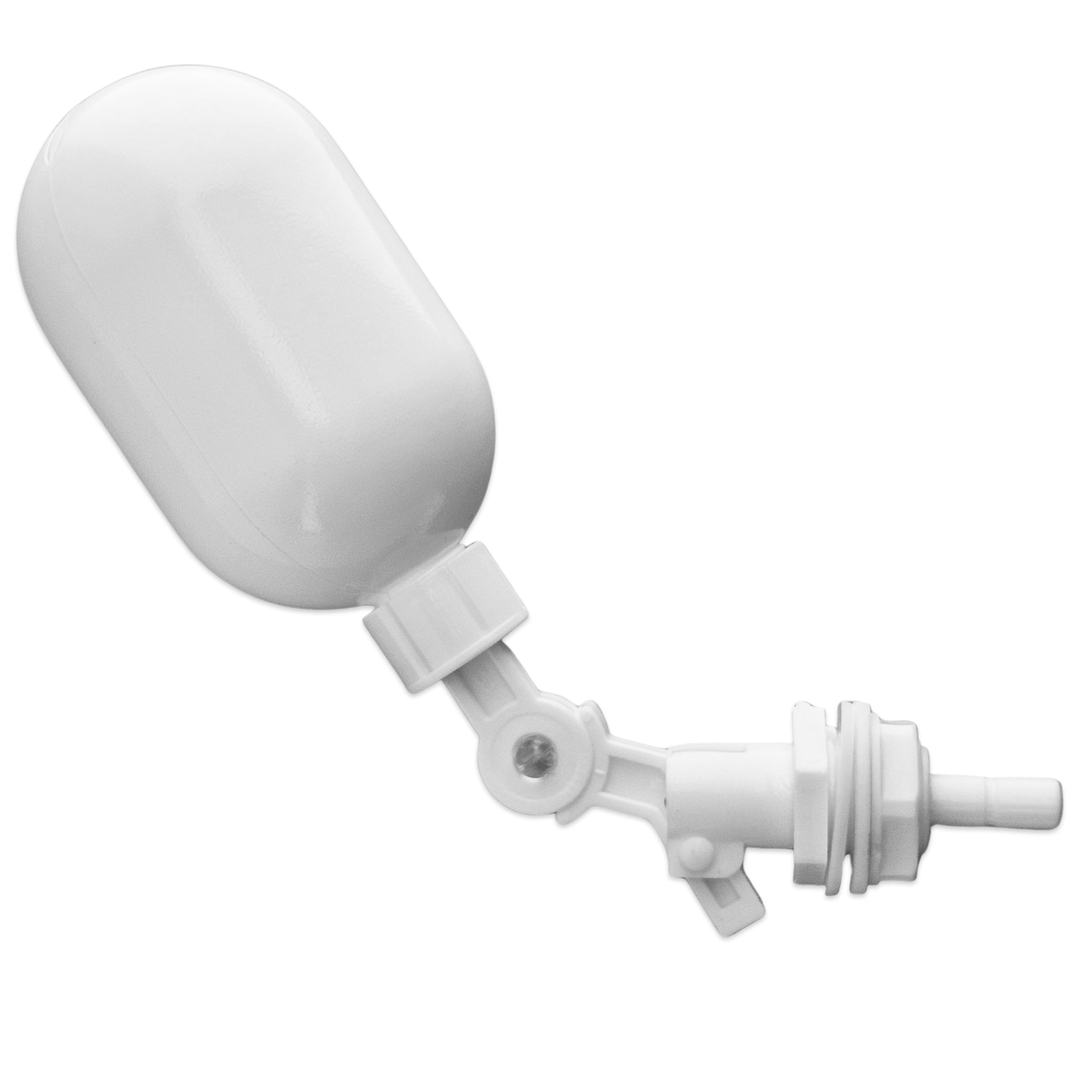 A white plastic paint or ink dispenser cup with a swivel joint and connector fitting, isolated on a white background.