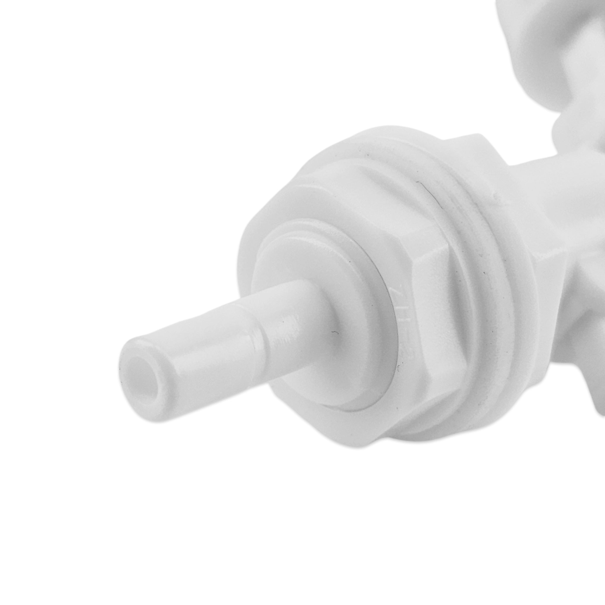 A close-up of a white plastic component, likely a connector or fitting, on a plain white background.