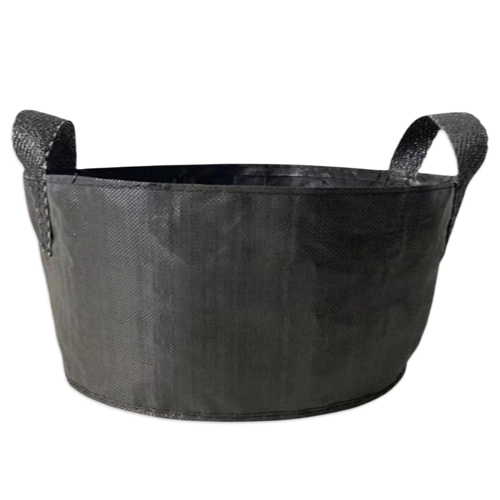 A black fabric grow bag with two side handles, shown against a plain white background.