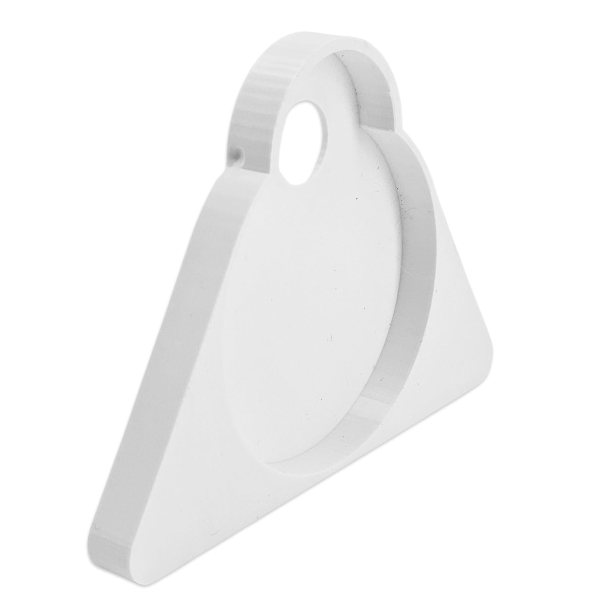 A white plastic replacement part with a triangular shape, a large circular recess, and a ribbed loop at the top, shown on a plain white background.