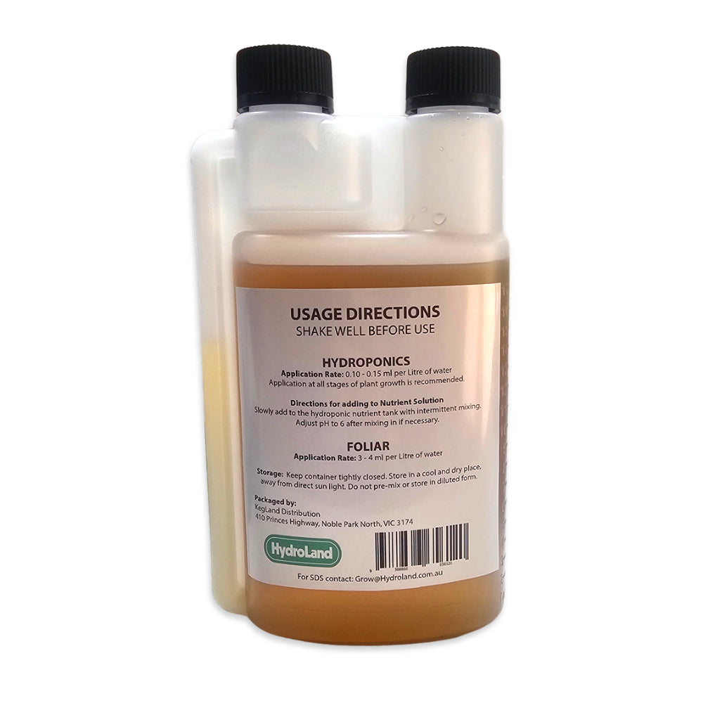 Rear view of a 500ml Easy Squeeze bottle of Hydroland Orthosilicic Acid (OSA) / monosilicic Acid (MSA). Includes usage and storage directions.