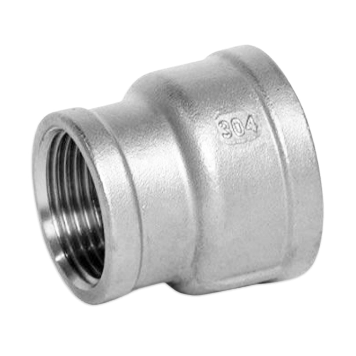 A stainless steel pipe fitting with a threaded female connection on one end and a smooth female outlet on the other, featuring an embossed '304' marking on its side.