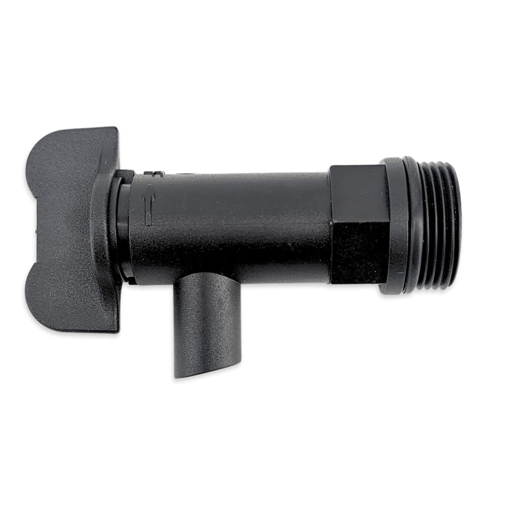 Black fermenter tap with a 3/4" Male Thread and O-Ring facing to the left.