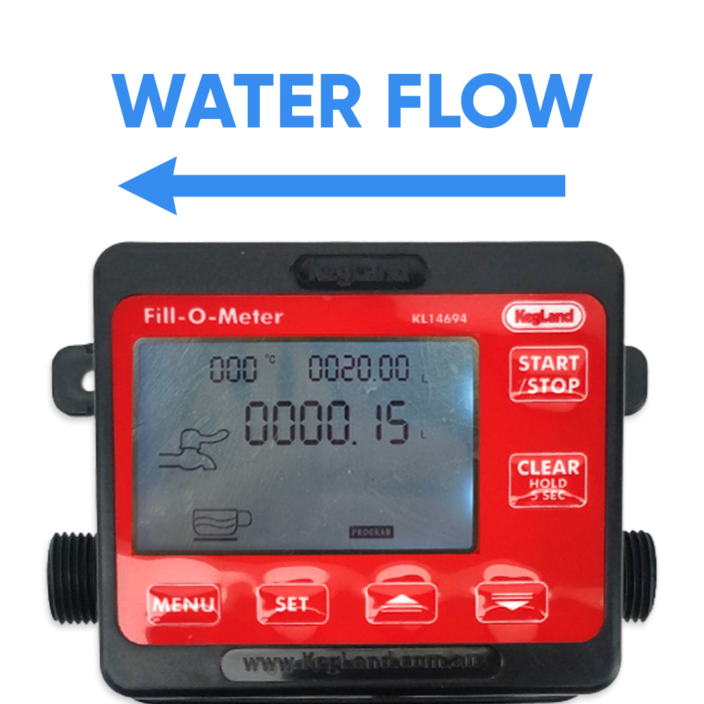 Water flow direction for the Fill-O-Meter.