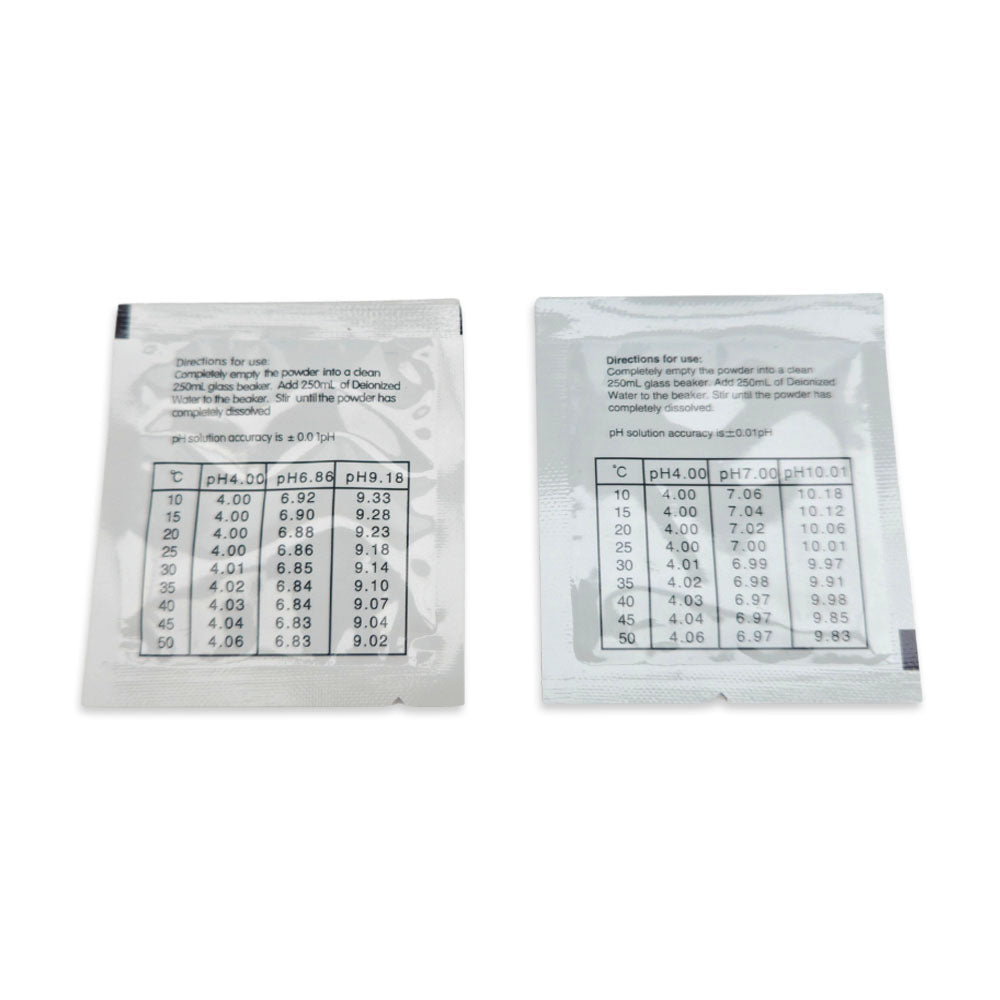 Instructions on rear of pH 4.00 and pH 7.00 buffer powders for BlueLab pH Pens