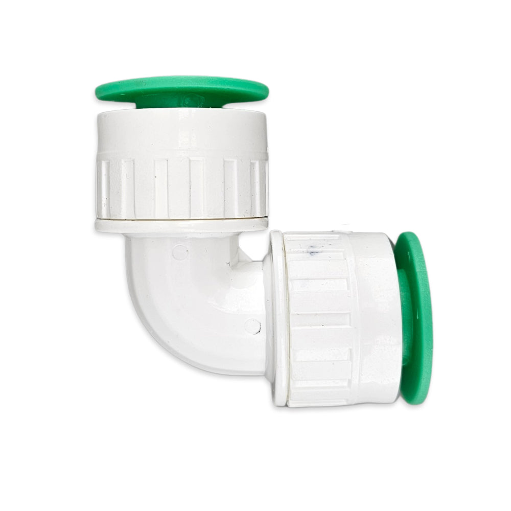 Suited to EVABarrier Lightbarrier Hydroponics hosing, this particular fitting is equipped with 90 degree bend to get around corners.