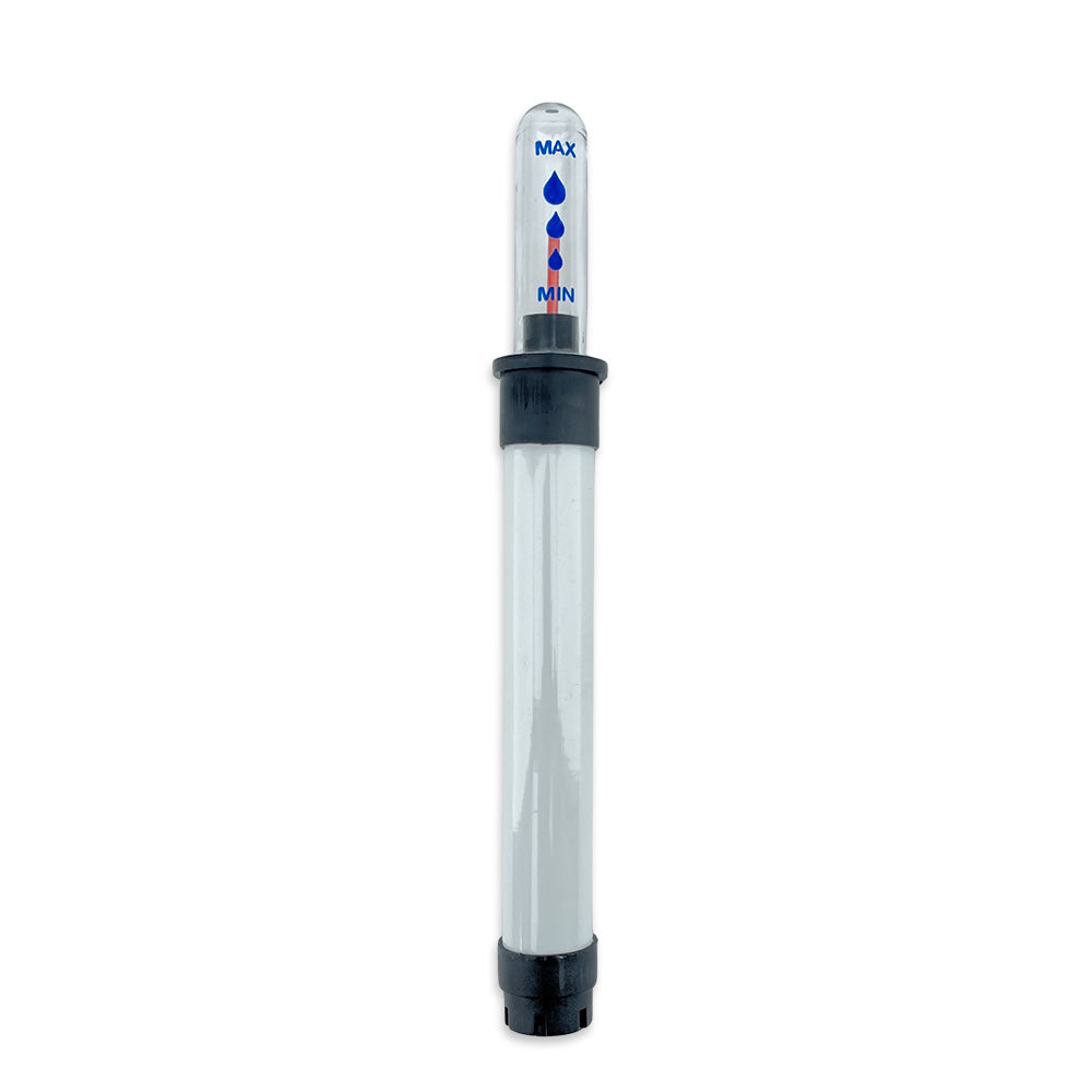 Water quality tester with a clear cylindrical body and black base on a white background