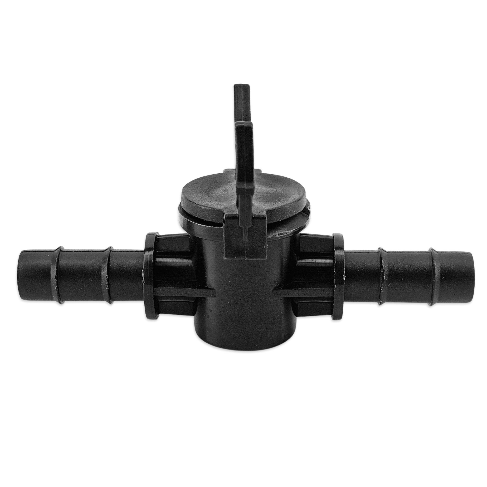 A black plastic inline cross connector with a top-mounted valve or cap featuring a small protruding tab, shown against a plain white background.