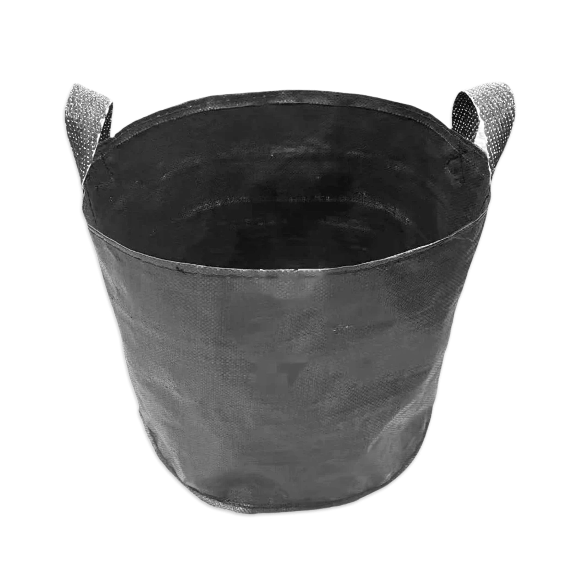 A black fabric grow bag with two gray woven handles, shown on a plain white background.