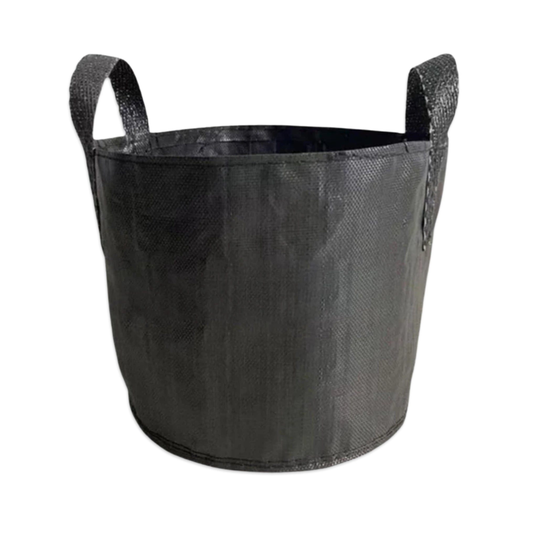 A black woven fabric grow bag with two integrated carrying handles, shown against a plain white background.