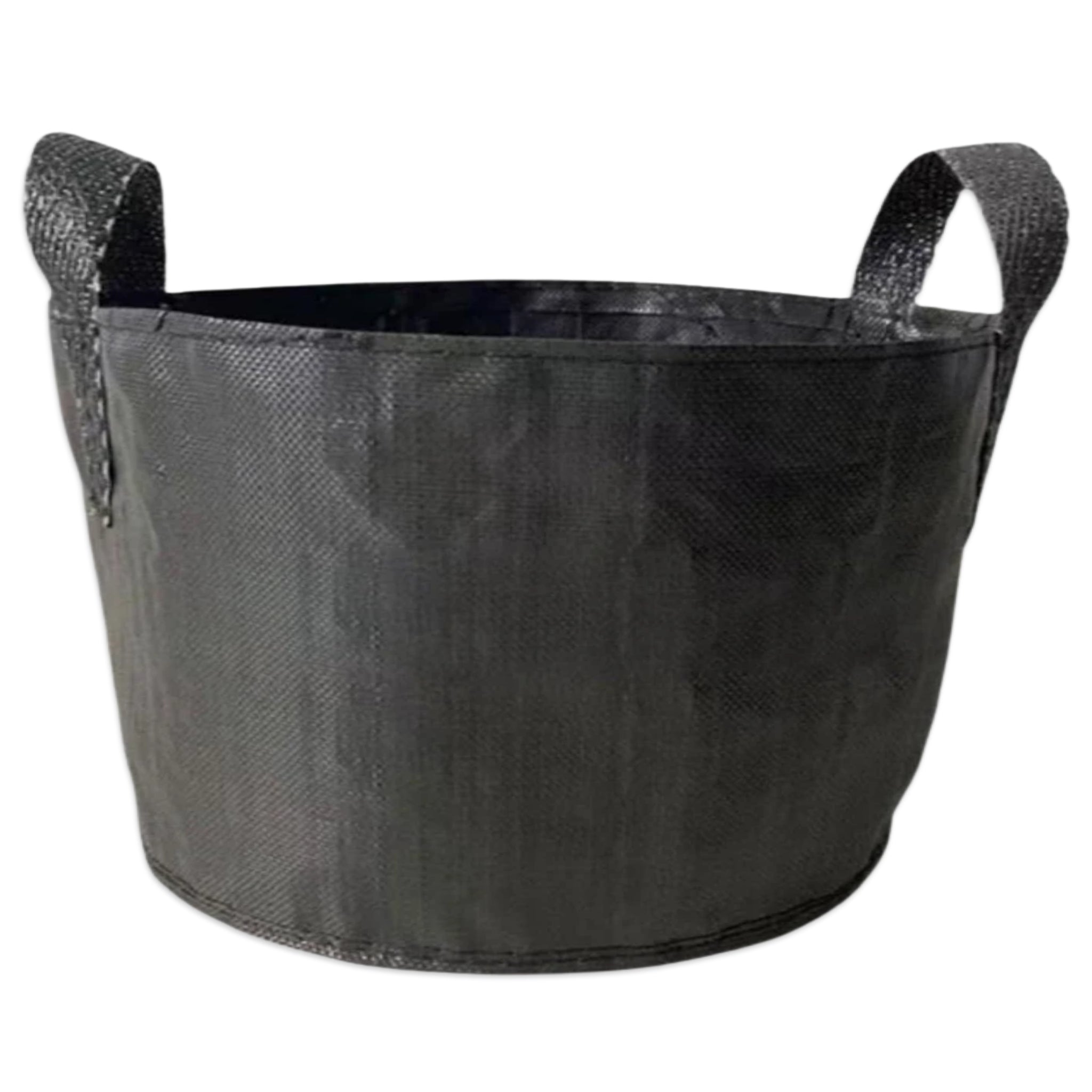 A black woven fabric grow bag with two integrated carrying handles, shown against a plain white background.