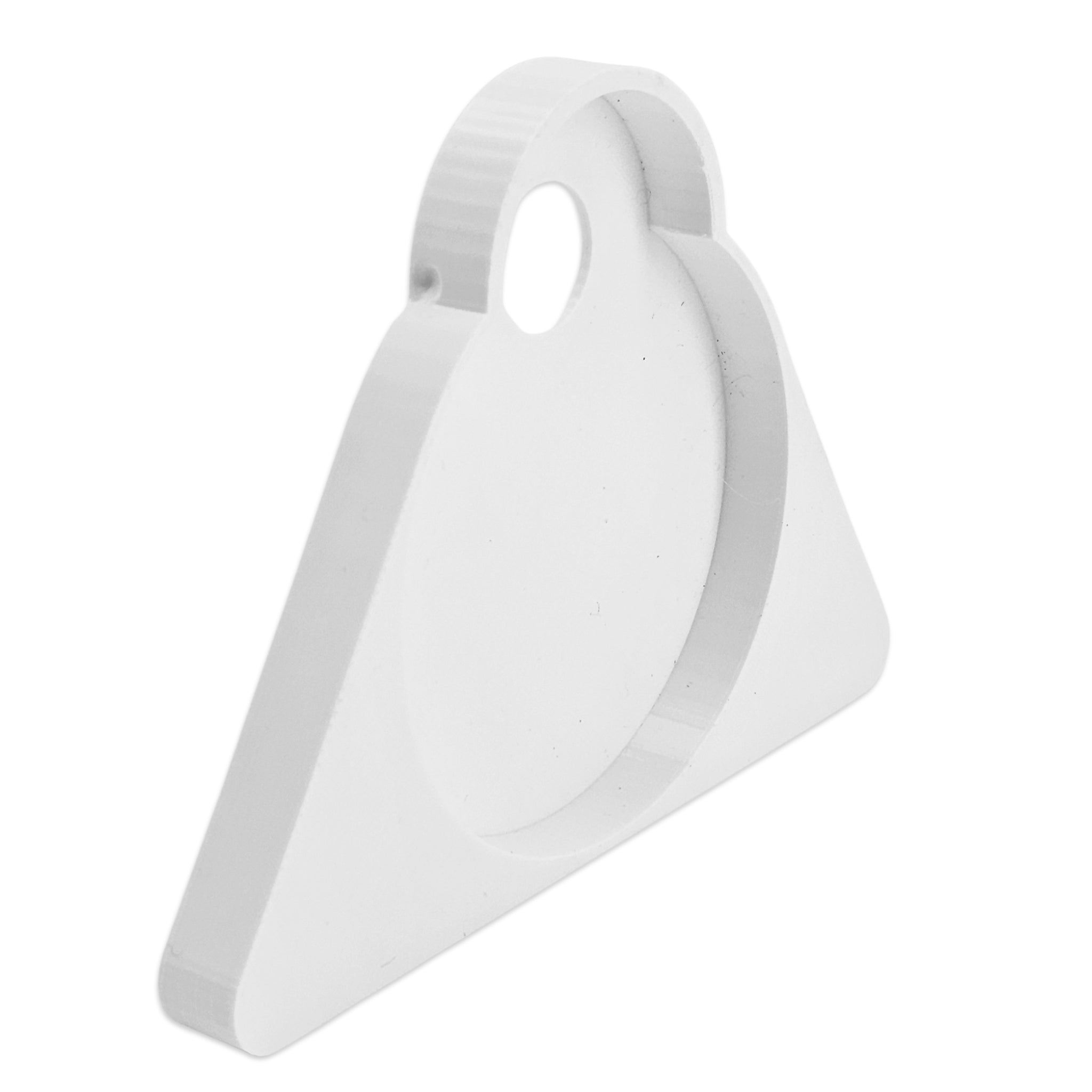 A white plastic replacement part with a triangular shape, a large circular recess, and a ribbed loop at the top, shown on a plain white background.