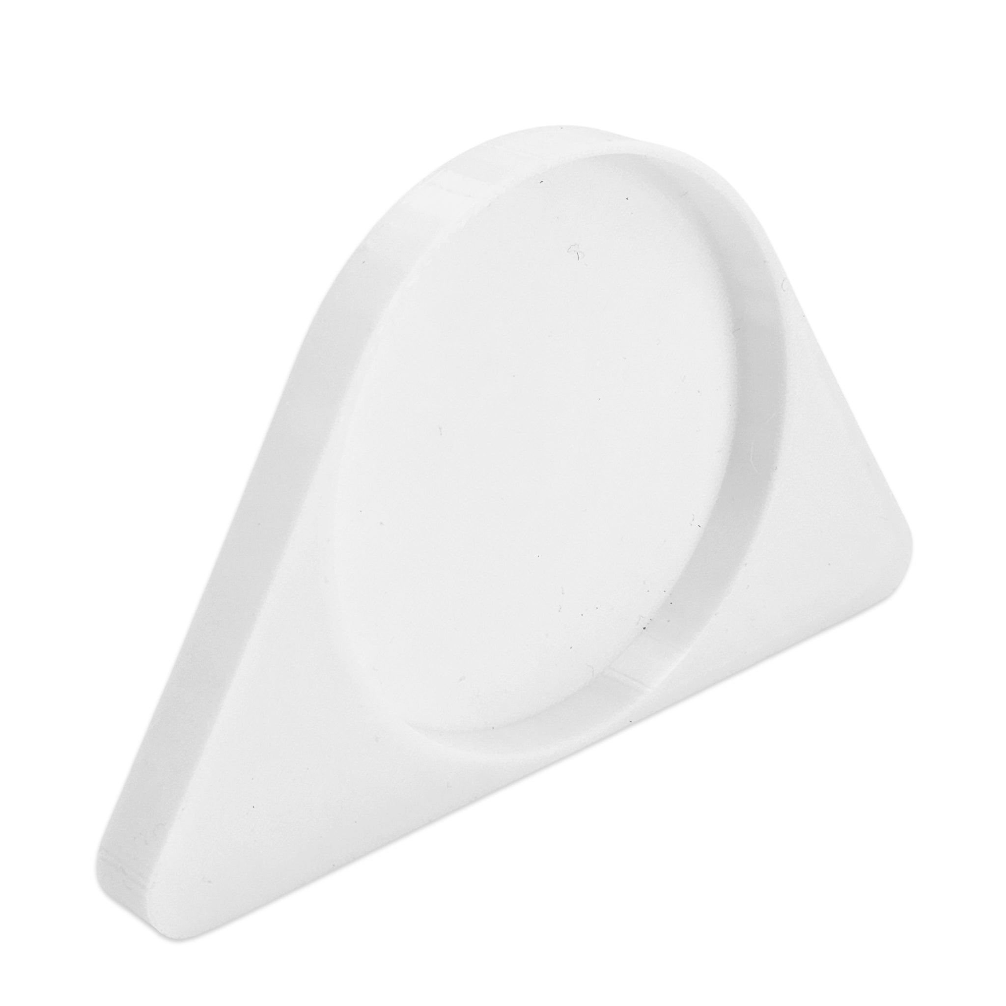 A white plastic triangular wedge insert with a circular recessed area, shown on a plain white background.