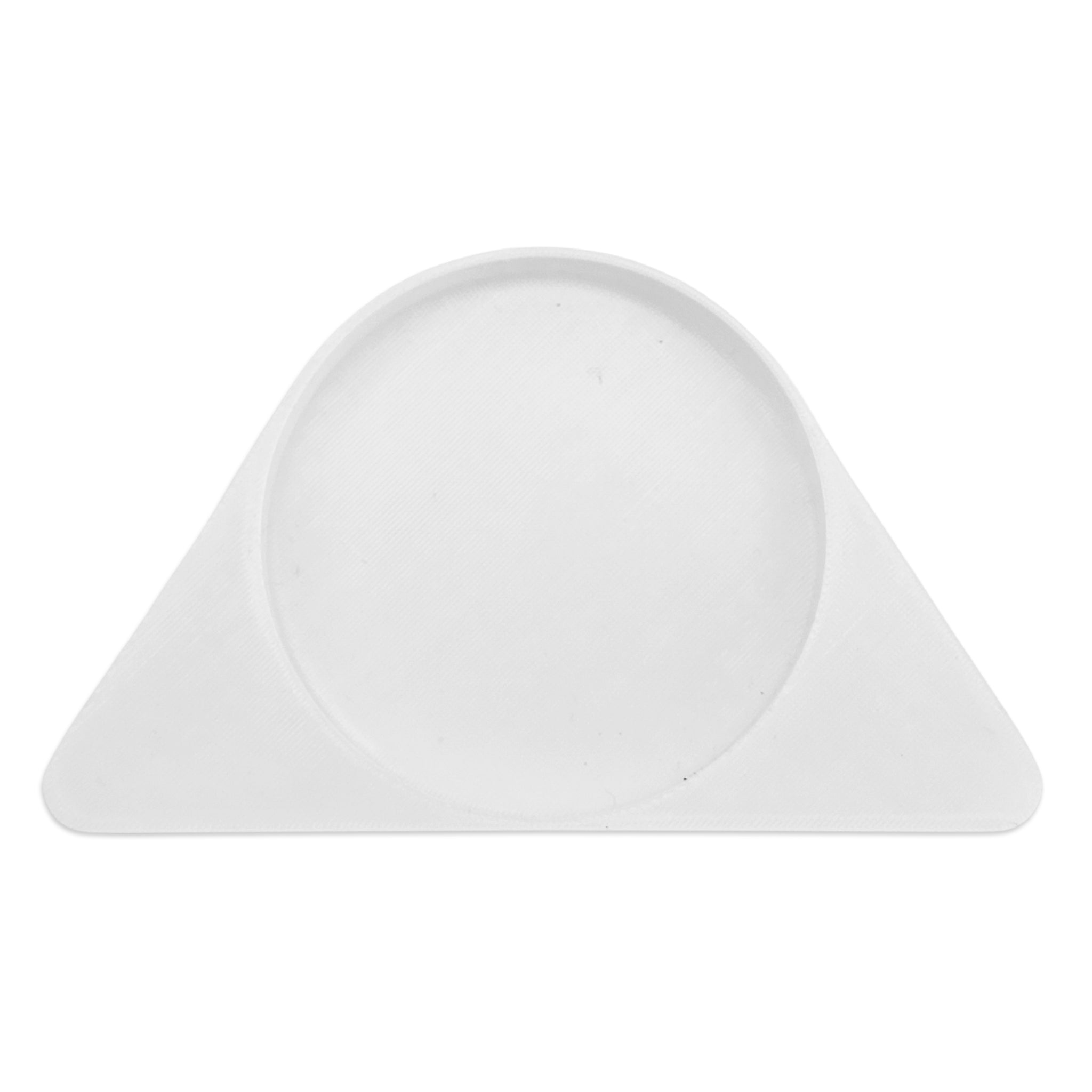 A white silicone baby feeding tray with a circular recessed center and triangular outer sides, shown on a plain white background.