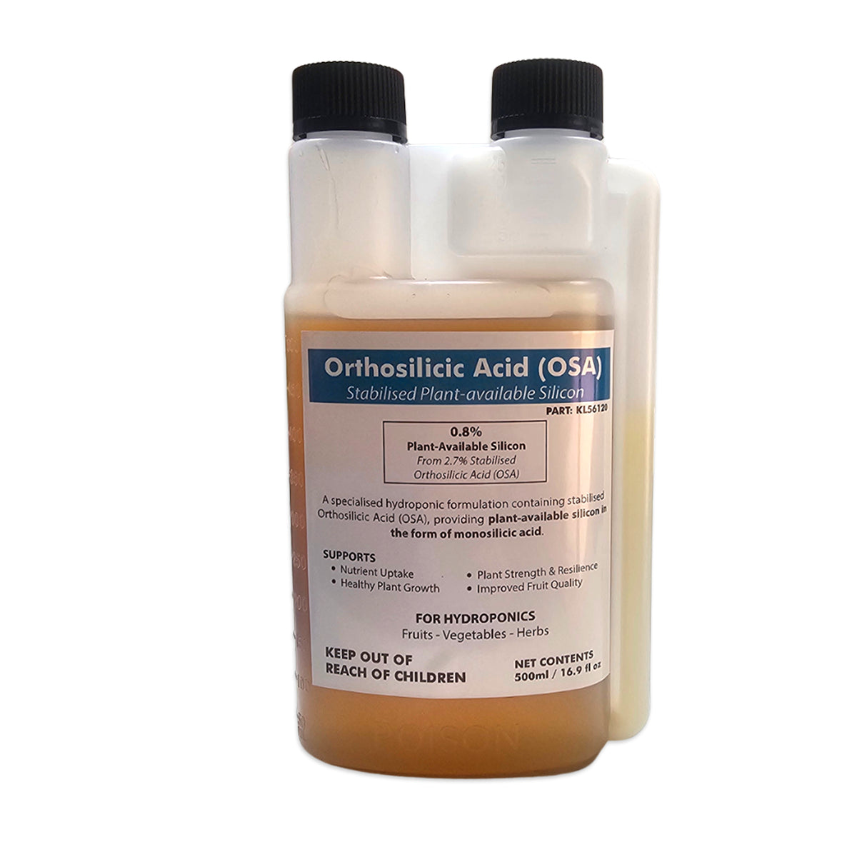 Front view of a 500ml Easy Squeeze bottle of Hydroland Orthosilicic Acid (OSA). Stabilised plant-available silicon for hydroponic solutions.